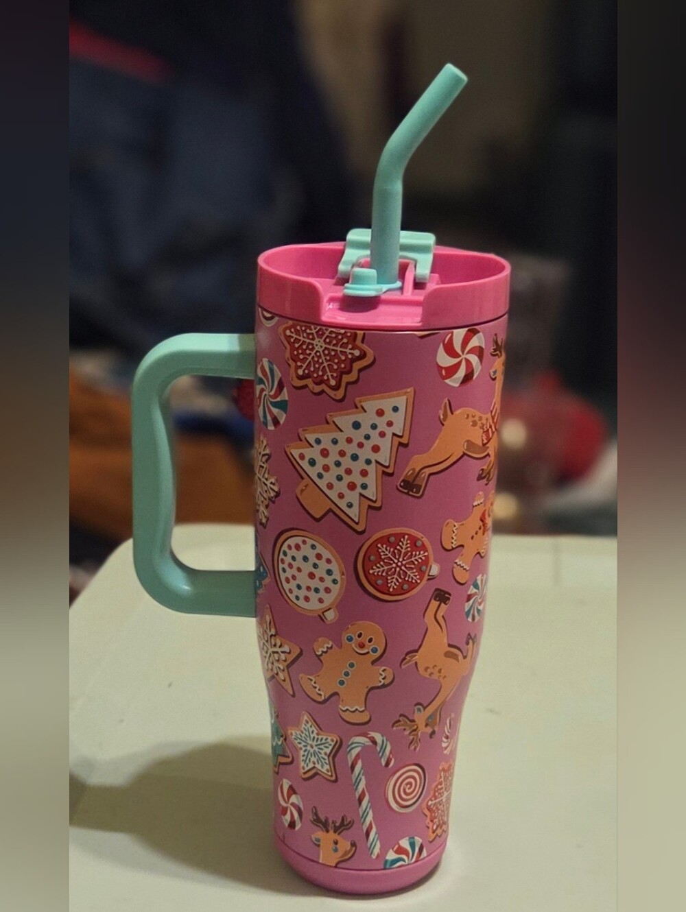 Pink Holiday Cookie 40oz Insulated Tumbler with Mint Handle and Straw
